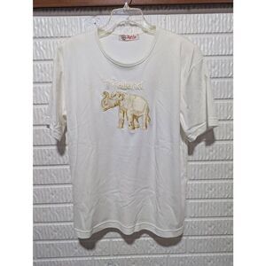 Lighty Vintage Women's White Thailand Gold Embroidered Elephant Heavy T-Shirt Si